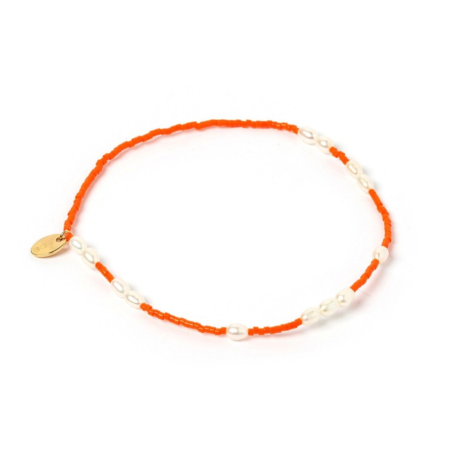 Arms of Eve Poppy Pearl & Glass Beaded Anklet - Orange | Anklets