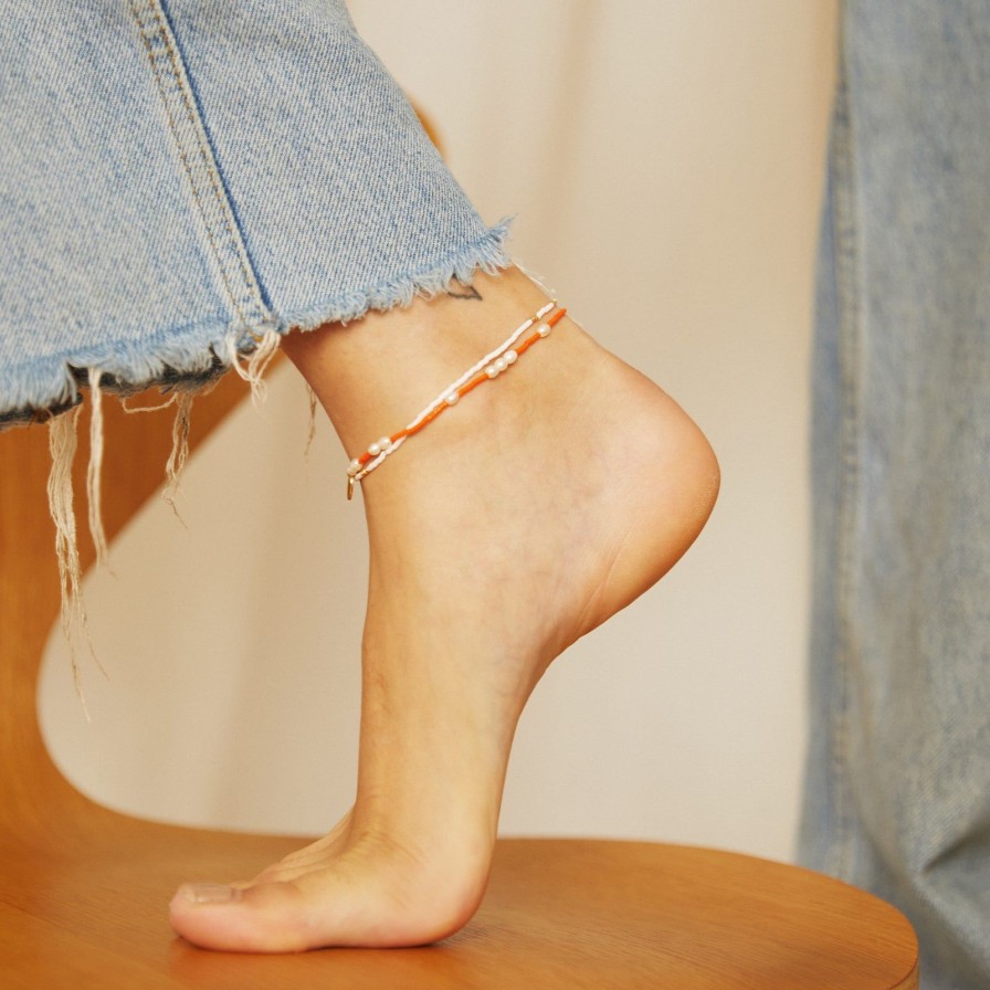 Arms of Eve Poppy Pearl & Glass Beaded Anklet - Orange | Anklets